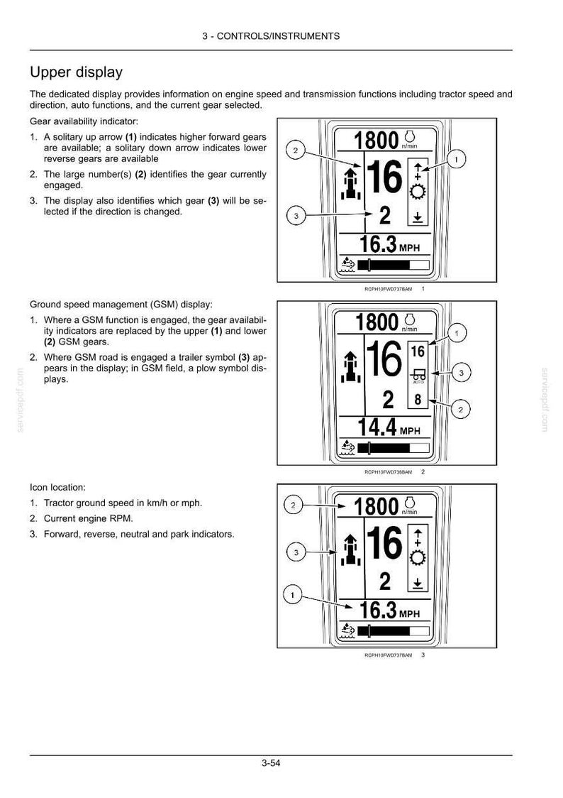 May include: A technical manual page titled 3-CONTROLS/INSTRUMENTS showing three black and white diagrams of a tractor upper display. The screens feature numerical data for engine RPM, gear selection, and ground speed in MPH, with numbered callouts.