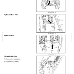 May include: Diagram of a tractor's maintenance points, including the hydraulic system access door, hydraulic fluid filter, and transmission fluid components. Arrows indicate specific locations for maintenance tasks. The image is a technical illustration.