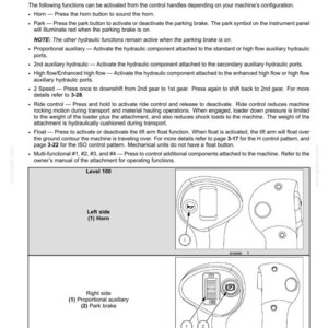 May include: Diagram of control levers with labeled functions: horn, park brake, proportional auxiliary, and others. Includes text explaining switch configurations and operation. The image is from a manual.