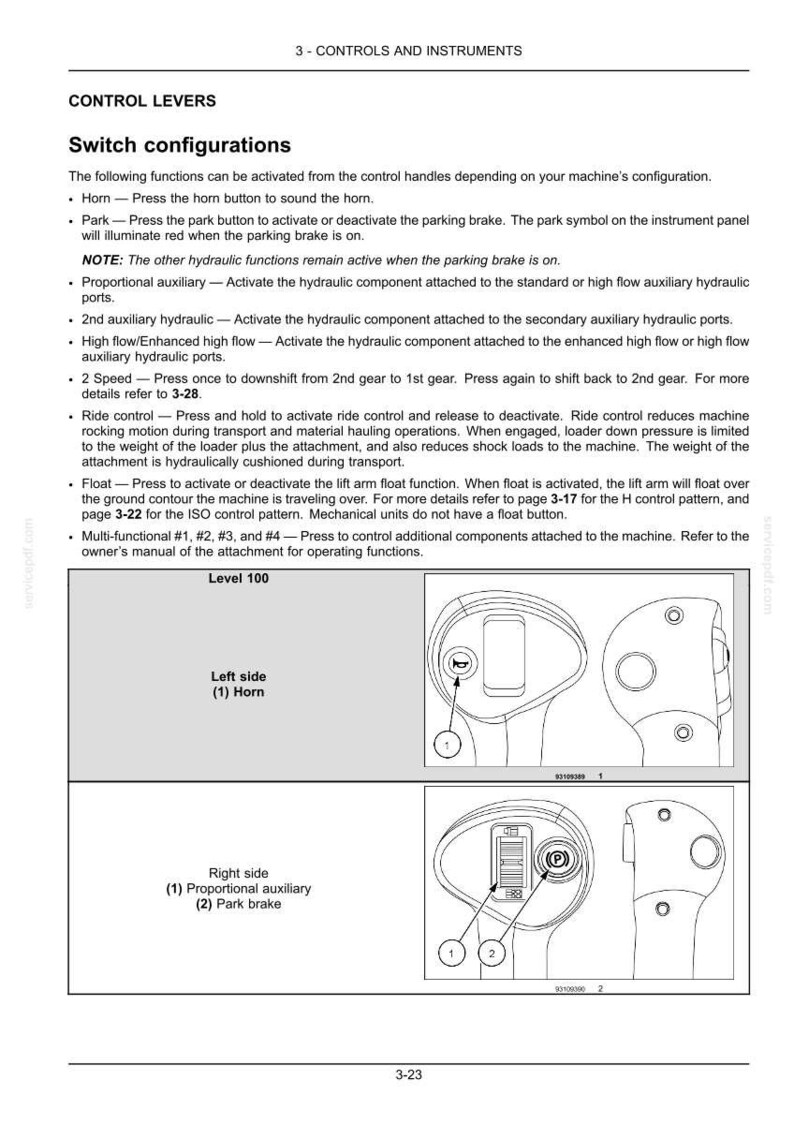 May include: Diagram of control levers with labeled functions: horn, park brake, proportional auxiliary, and others. Includes text explaining switch configurations and operation. The image is from a manual.