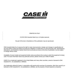 May include: A white document with the CASE IH Agriculture logo in black and red. The document includes text about technical publications and tools, and copyright information.