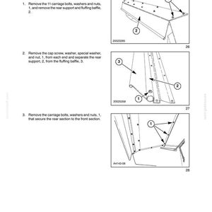 Pu&ograve; includere: Diagramma tecnico che illustra la rimozione di un cofano andanatore, con passaggi numerati e frecce che indicano bulloni e dadi. Testo: "SEZIONE 39 - TELAIO E LINGUA - CAPITOLO 1".