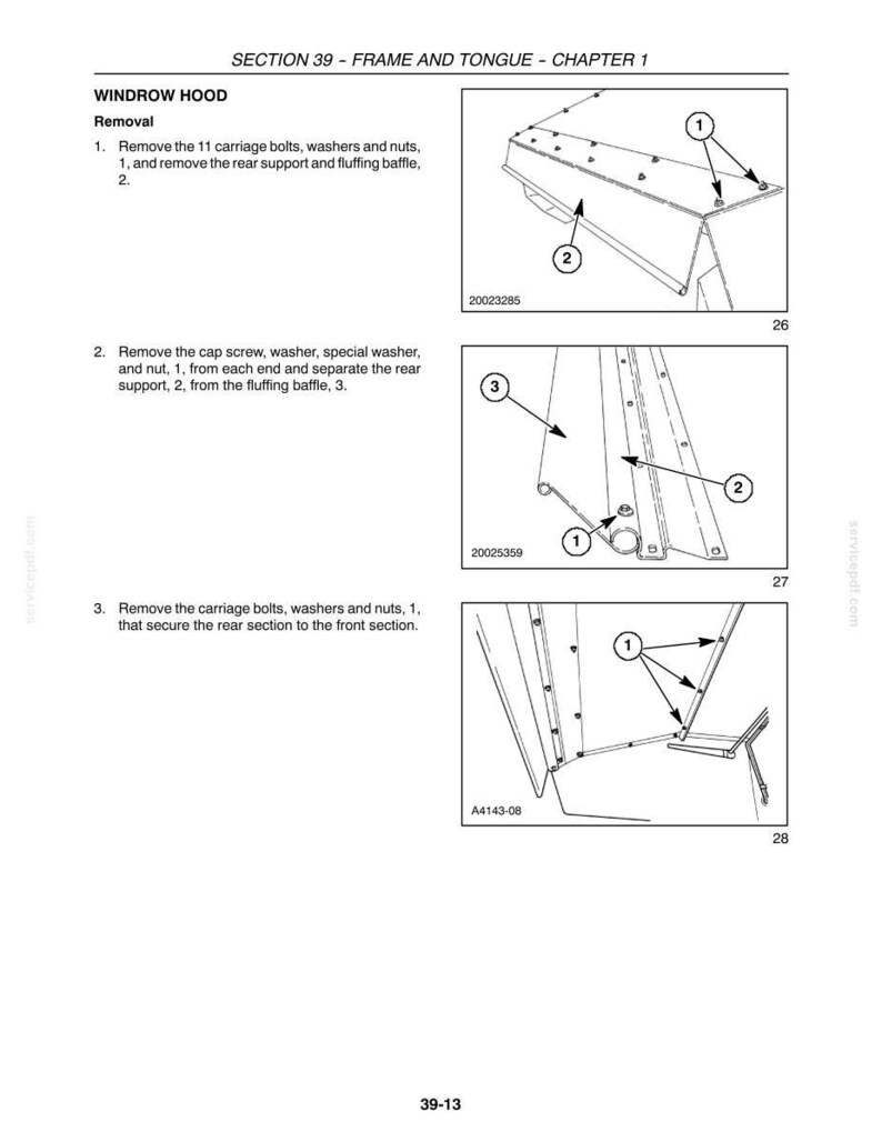 Pu&ograve; includere: Diagramma tecnico che illustra la rimozione di un cofano andanatore, con passaggi numerati e frecce che indicano bulloni e dadi. Testo: "SEZIONE 39 - TELAIO E LINGUA - CAPITOLO 1".