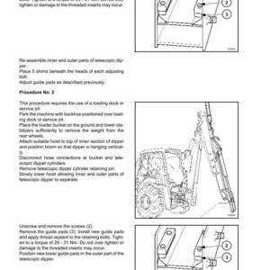 May include: Diagram from a manual showing the backhoe section with instructions for removing screws, guide pads, and reassembling parts. Includes illustrations of the backhoe and its components, with measurements in Nm.