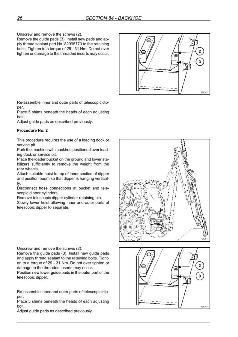 May include: Diagram from a manual showing the backhoe section with instructions for removing screws, guide pads, and reassembling parts. Includes illustrations of the backhoe and its components, with measurements in Nm.