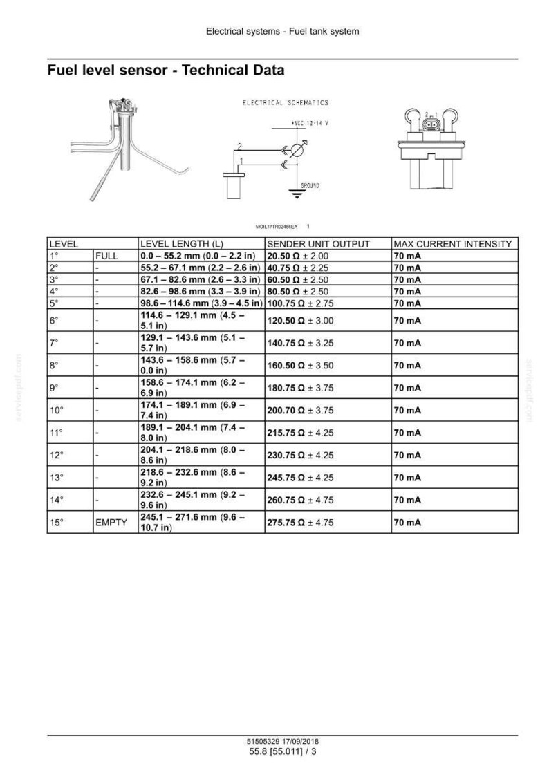 May include: Technical data sheet for a fuel level sensor, detailing level lengths in inches and millimeters, sender unit output, and maximum current intensity. Includes electrical schematics and a table of specifications.