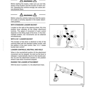 Op de afbeelding: Een pagina uit een technisch handboek getiteld SECTION 4 - CONTROLS/INSTRUMENTS/ACCESSORIES met details over de bediening van het laderhulpstuk. Het bevat tekstinstructies, waarschuwingssymbolen en twee diagrammen van een bedieningshendel.