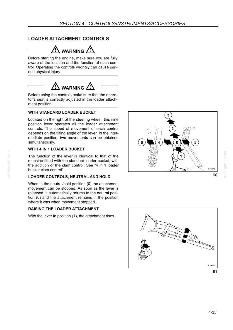 Op de afbeelding: Een pagina uit een technisch handboek getiteld SECTION 4 - CONTROLS/INSTRUMENTS/ACCESSORIES met details over de bediening van het laderhulpstuk. Het bevat tekstinstructies, waarschuwingssymbolen en twee diagrammen van een bedieningshendel.