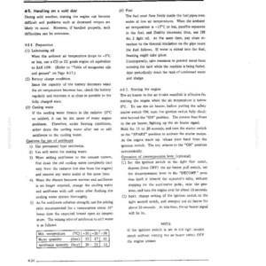 May include: A technical maintenance document page titled 4-5 Handling on a cold day. It contains instructions for lubricating oil, battery care, cooling water, antifreeze, fuel, and engine starting procedures, including a table for antifreeze ratios.