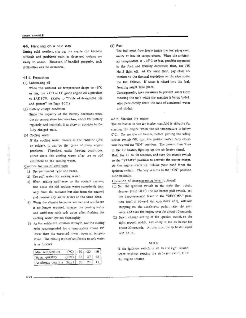 May include: A technical maintenance document page titled 4-5 Handling on a cold day. It contains instructions for lubricating oil, battery care, cooling water, antifreeze, fuel, and engine starting procedures, including a table for antifreeze ratios.