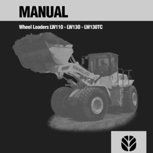 May include: A service manual cover with the text "SERVICE MANUAL" above "Wheel Loaders LW110 - LW130 - LW130TC." A wheel loader is shown in the background. The New Holland Construction logo is in the bottom right corner.