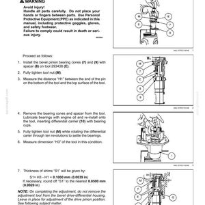 May include: Diagram from a manual detailing the adjustment of a bevel gear set and differential carrier. Includes illustrations of tools and components, with measurements in inches and millimeters. Text includes warnings and step-by-step instructions.