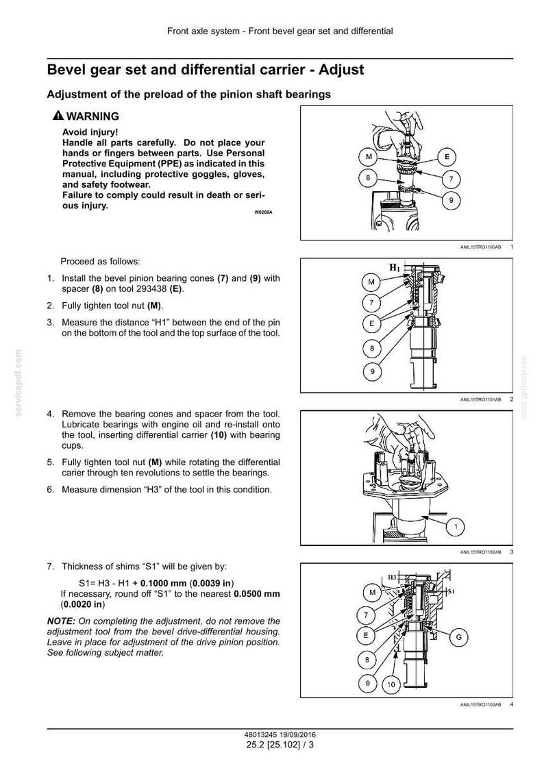 May include: Diagram from a manual detailing the adjustment of a bevel gear set and differential carrier. Includes illustrations of tools and components, with measurements in inches and millimeters. Text includes warnings and step-by-step instructions.