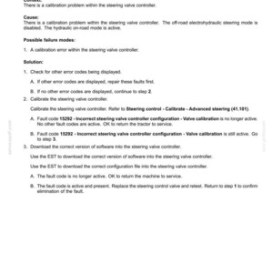May include: Document detailing fault codes for electrical systems, specifically the 15292-Incorrect steering valve controller configuration. Includes context, cause, possible failure modes, and a solution with steps for troubleshooting and repair.