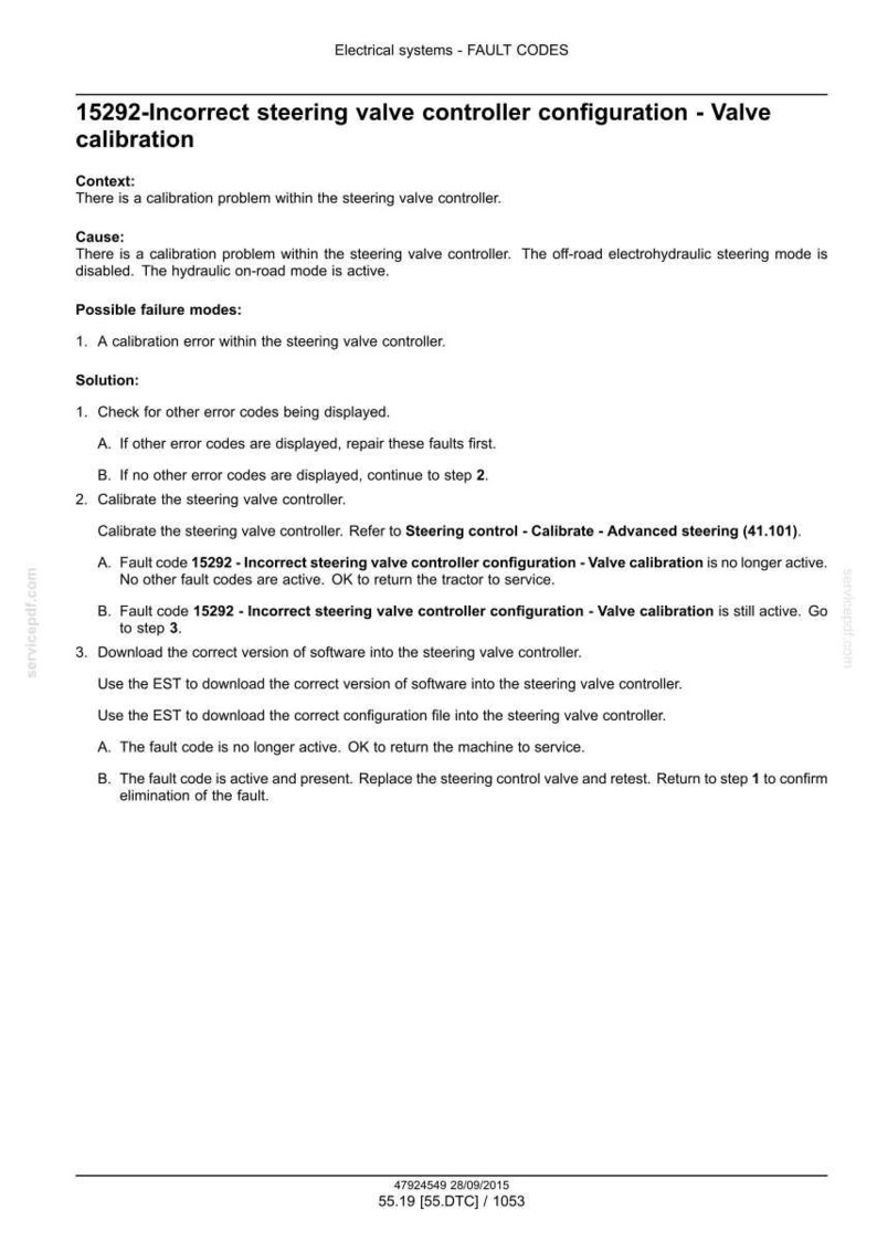May include: Document detailing fault codes for electrical systems, specifically the 15292-Incorrect steering valve controller configuration. Includes context, cause, possible failure modes, and a solution with steps for troubleshooting and repair.