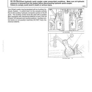 May include: Diagram of a wheel loader's auxiliary hydraulic connection system. The image includes detailed illustrations of control levers and connection points, along with a warning about escaping fluid and safety instructions.