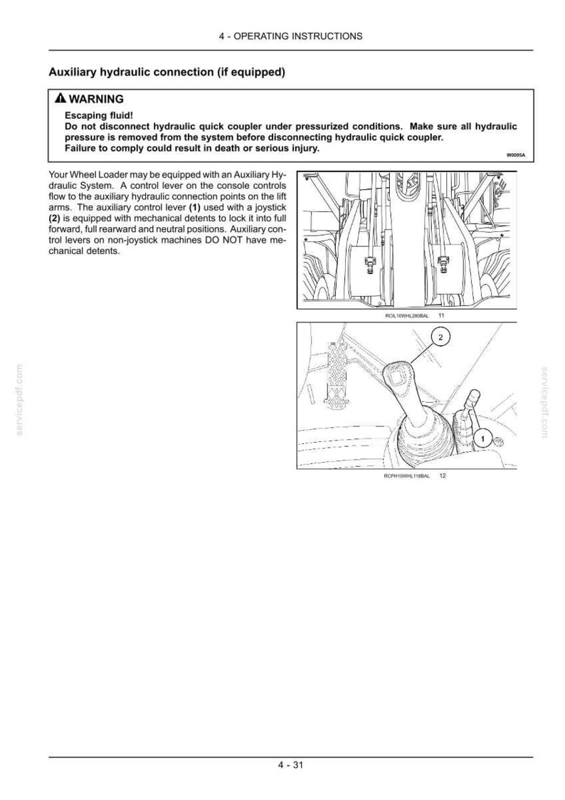May include: Diagram of a wheel loader's auxiliary hydraulic connection system. The image includes detailed illustrations of control levers and connection points, along with a warning about escaping fluid and safety instructions.