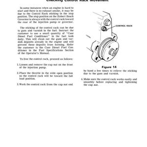 May include: An engine speed adjustments manual page with the title "Checking Control Rack Movement." The page includes text instructions and a diagram of a control rack. Figure 14 is labeled on the page.
