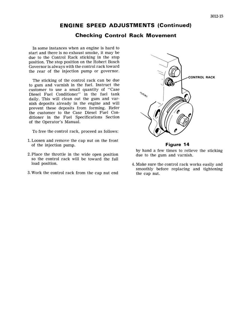 May include: An engine speed adjustments manual page with the title "Checking Control Rack Movement." The page includes text instructions and a diagram of a control rack. Figure 14 is labeled on the page.