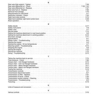 May include: A detailed table of contents from a manual, featuring various sections like "Rear axle," "Transmission," and "Safety." The text is in black font on a white background, with page numbers.