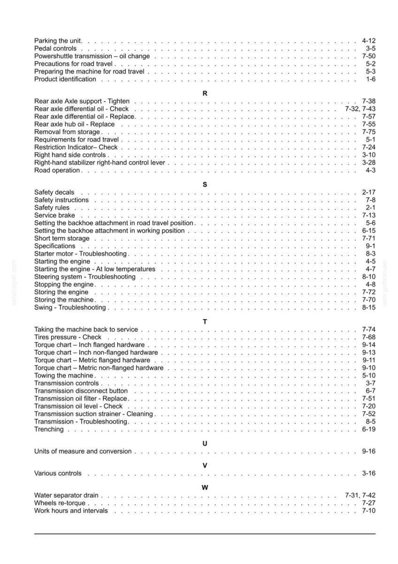 May include: A detailed table of contents from a manual, featuring various sections like "Rear axle," "Transmission," and "Safety." The text is in black font on a white background, with page numbers.