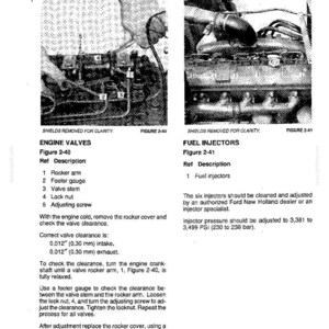 May include: A technical manual page titled 800 HOUR / 12 MONTH SERVICE featuring two black and white diagrams. Figure 2-40 shows engine valves with a rocker arm, feeler gauge, valve stem, lock nut, and adjusting screw. Figure 2-41 shows fuel injectors.