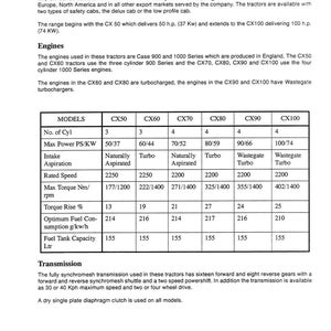 May include: A detailed technical document with specifications for CX Series tractors, including models CX50 to CX100. The document provides engine details, power outputs, and fuel consumption data. The document also includes information on transmission and other technical specifications.