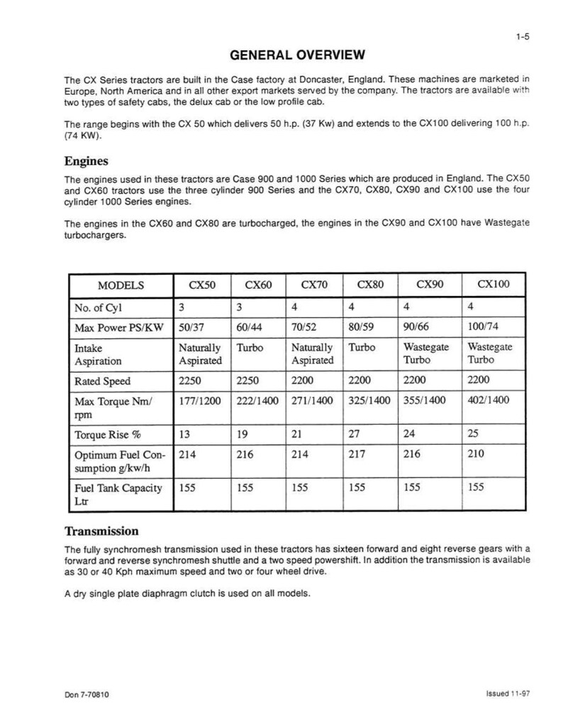 May include: A detailed technical document with specifications for CX Series tractors, including models CX50 to CX100. The document provides engine details, power outputs, and fuel consumption data. The document also includes information on transmission and other technical specifications.