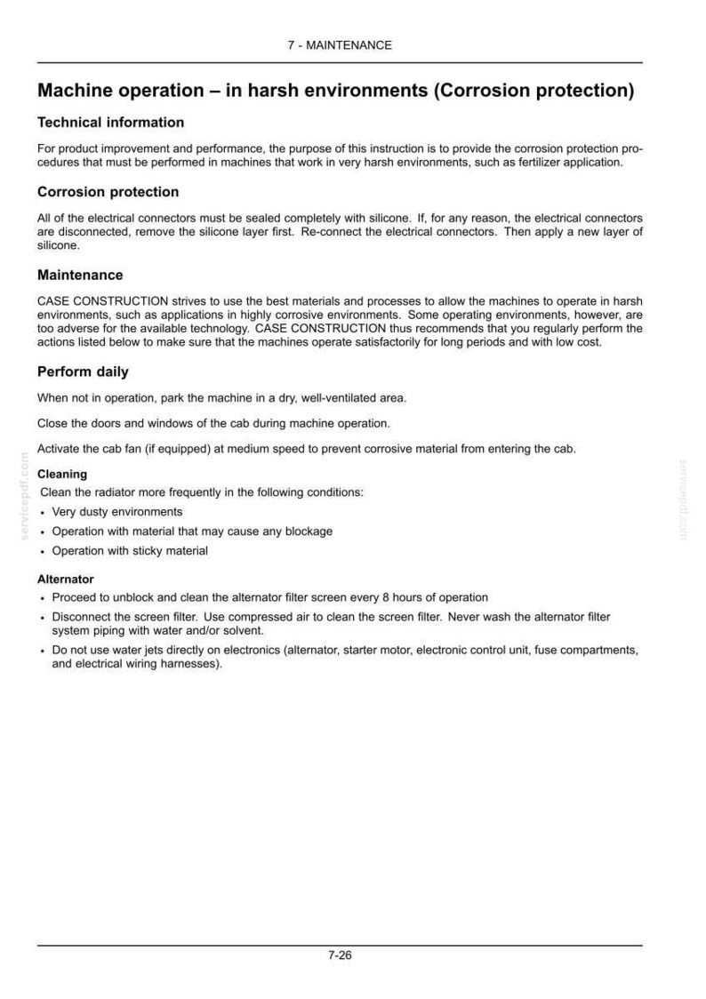 May include: A page from a maintenance manual with the title "Machine operation - in harsh environments (Corrosion protection)". The text provides technical information, corrosion protection instructions, and maintenance procedures for machinery.