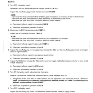 May include: A document detailing fault codes for electrical systems, specifically the 208D-Urea fluid pump control circuit high voltage. Includes troubleshooting steps for the DCU control module, with connector and circuit inspections.
