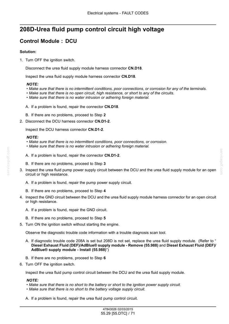 May include: A document detailing fault codes for electrical systems, specifically the 208D-Urea fluid pump control circuit high voltage. Includes troubleshooting steps for the DCU control module, with connector and circuit inspections.