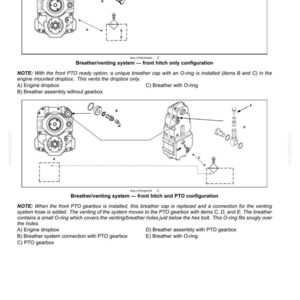 May include: Diagram of a power take-off (PTO) system, detailing breather/venting configurations. Includes labeled components like engine dropbox, breather assembly, and O-rings. Measurements are in inches.