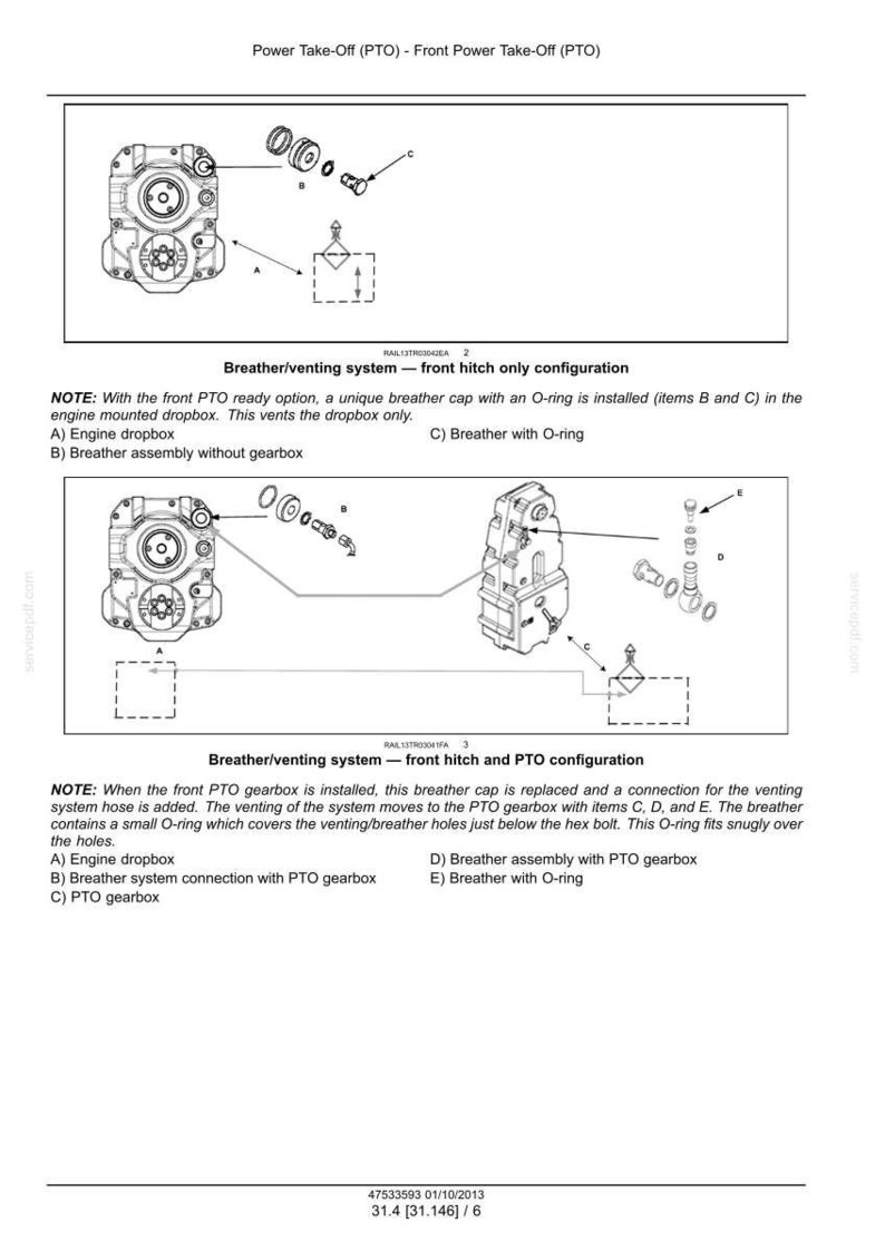 May include: Diagram of a power take-off (PTO) system, detailing breather/venting configurations. Includes labeled components like engine dropbox, breather assembly, and O-rings. Measurements are in inches.