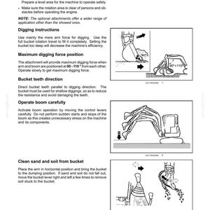 May include: A technical manual page titled 6-WORKING OPERATIONS containing text instructions and three black and white line drawings illustrating excavator digging techniques, bucket positioning, and soil removal procedures for heavy machinery.