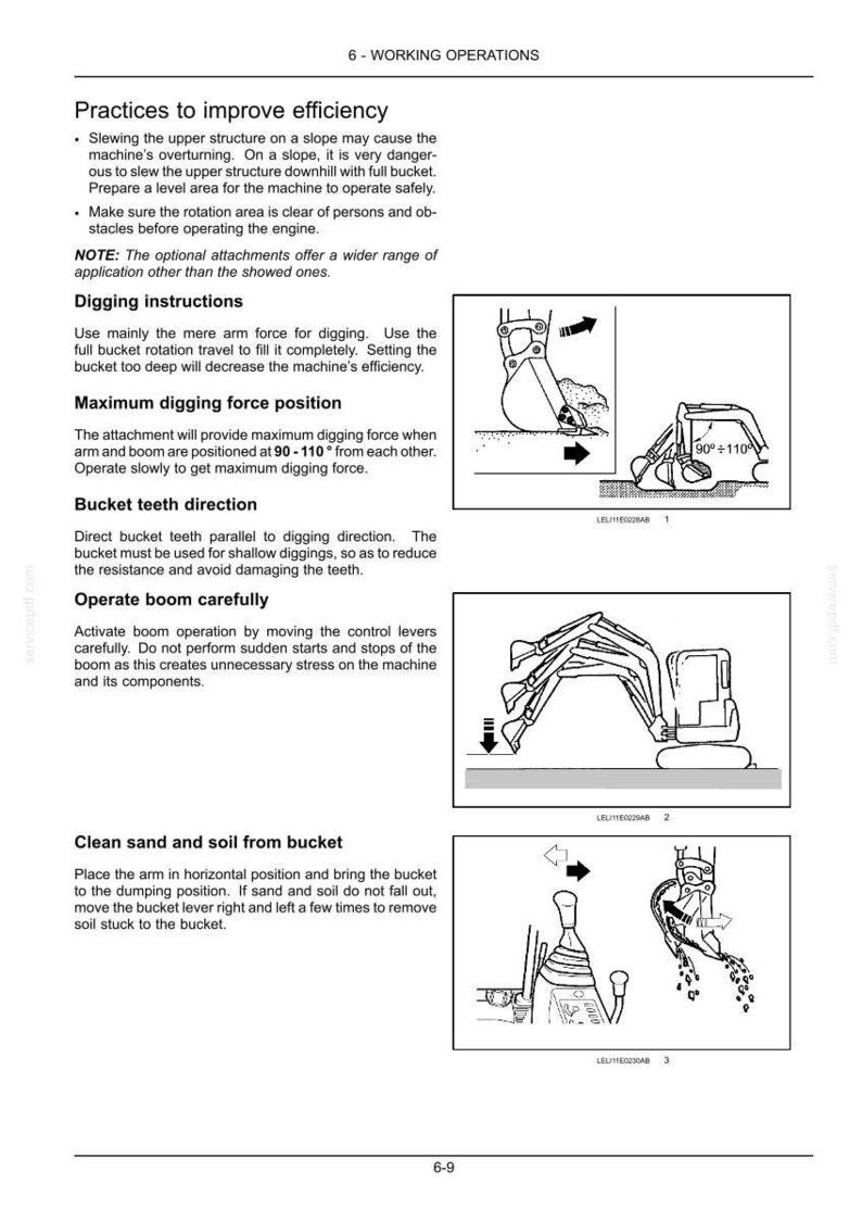 May include: A technical manual page titled 6-WORKING OPERATIONS containing text instructions and three black and white line drawings illustrating excavator digging techniques, bucket positioning, and soil removal procedures for heavy machinery.