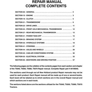 May include: A printed page from a repair manual for T5040, T5050, T5060, and T5070 tractors. The document lists the complete contents, including sections on the engine, clutch, transmissions, and electrical systems. The manual is from 2009.