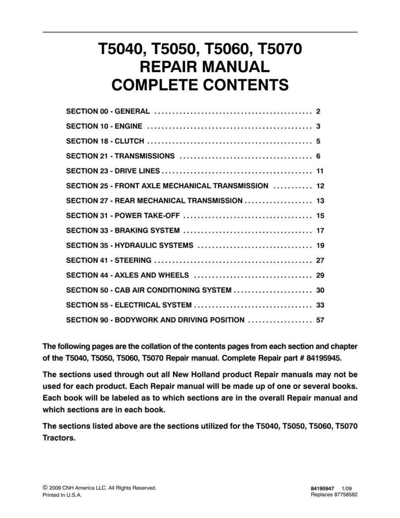 May include: A printed page from a repair manual for T5040, T5050, T5060, and T5070 tractors. The document lists the complete contents, including sections on the engine, clutch, transmissions, and electrical systems. The manual is from 2009.