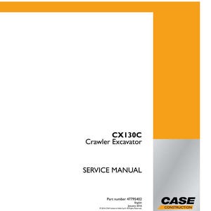 May include: A white service manual with orange and gray accents. The text on the cover reads "CX130C Crawler Excavator SERVICE MANUAL". The Case Construction logo is in the bottom right corner.