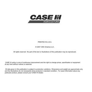 Op de afbeelding: Een wit document met het "CASE IH AGRICULTURE" logo in zwart en grijs. Het document bevat tekst over technische publicaties, copyrightinformatie en een disclaimer. Gedrukt in de VS.