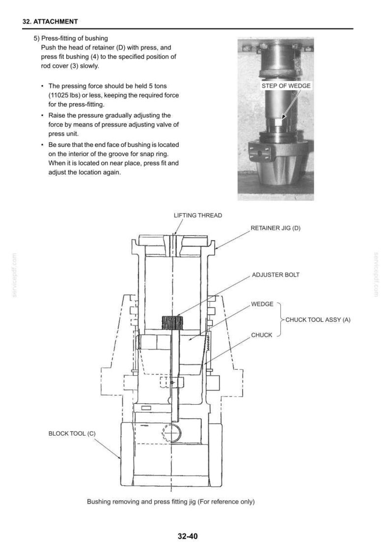 May include: A technical diagram illustrating the press-fitting of a bushing, featuring a retainer jig, adjuster bolt, wedge, chuck, and block tool. The text includes instructions for a 5-ton or 11025 lbs pressing force and labels for components.
