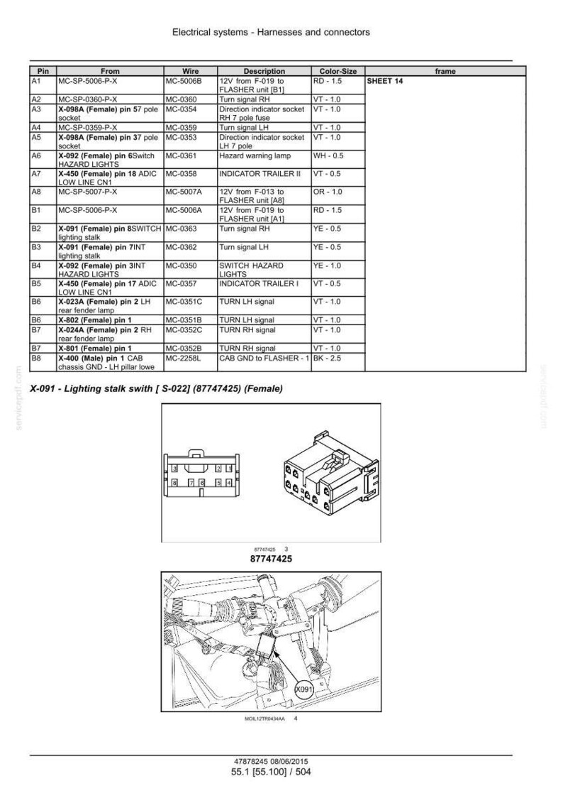 May include: Diagram detailing electrical system components, including harnesses and connectors. Features a table with pin descriptions, wire details, and colour-size specifications. Includes close-up images of connectors and wiring configurations.