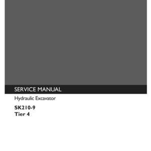 May include: A Kobelco service manual for a hydraulic excavator, model SK210-9, Tier 4. The cover is dark grey with white text. It includes the document number SSYN0042E01, issued January 2012, 1st edition, and applicable serial numbers YQ13U5200 and higher.
