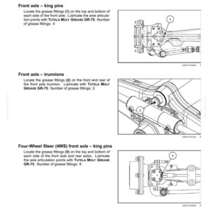 May include: A technical maintenance document page titled Axle articulations - greasing. It features black and white line drawings of vehicle axle components with numbered grease fittings labeled 1, 2, and 5, alongside instructional text for lubrication.