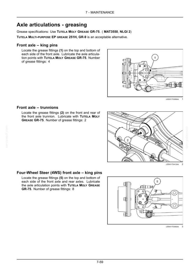 May include: A technical maintenance document page titled Axle articulations - greasing. It features black and white line drawings of vehicle axle components with numbered grease fittings labeled 1, 2, and 5, alongside instructional text for lubrication.