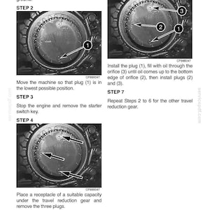 May include: Diagram illustrating the process of draining and refilling a machine's lubrication system. The image shows detailed steps, including removing plugs and filling with oil. Text instructions and numbered arrows guide the process.