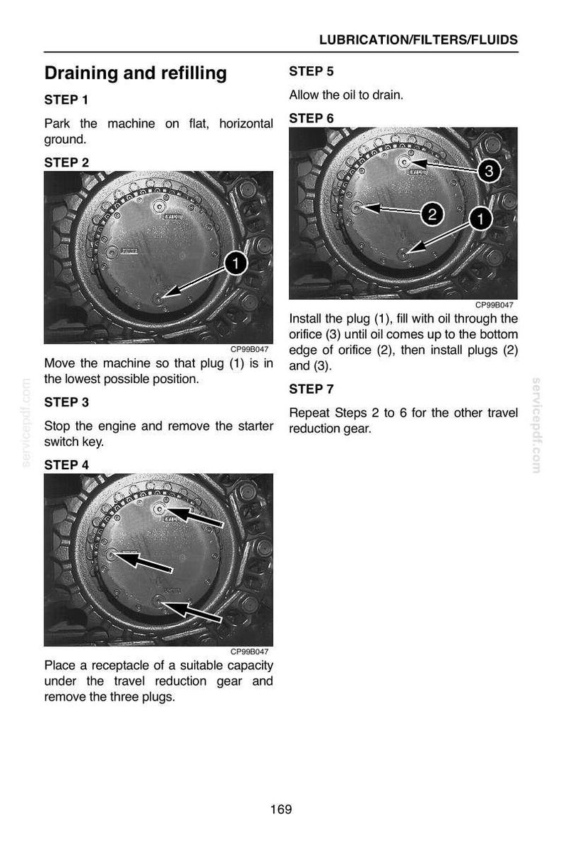 May include: Diagram illustrating the process of draining and refilling a machine's lubrication system. The image shows detailed steps, including removing plugs and filling with oil. Text instructions and numbered arrows guide the process.