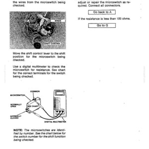 May include: A black and white technical diagram with instructions for checking a microswitch. The diagram includes illustrations of a shift control, wires, and a digital multimeter. Text includes "Procedure", "Results", and "Note".