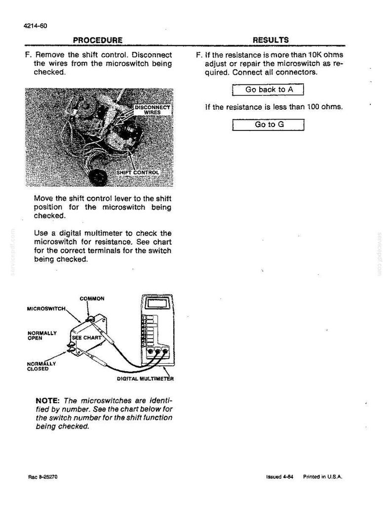 May include: A black and white technical diagram with instructions for checking a microswitch. The diagram includes illustrations of a shift control, wires, and a digital multimeter. Text includes "Procedure", "Results", and "Note".
