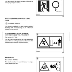 May include: A page from a manual with safety decals and hand signals. Includes an emergency exit sign, a sign about maximum handling limits, a warning about standing within the working range, and an engine hood warning.