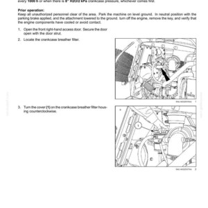 May include: Diagram of an engine's crankcase ventilation system, detailing filter replacement. Includes instructions and illustrations for the 750M model, with measurements in inches and kPa.